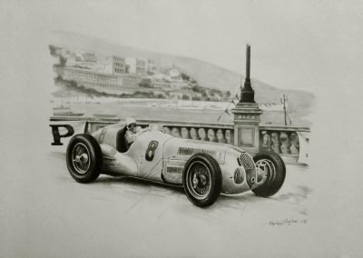 Mercedes W125. Rudolph Caracciola. Mónaco 1935. Lápiz sobre cartulina. Daniel Sonzini