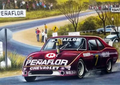 Primera victoria de Martínez Boero con Chevrolet, circuito Los Cóndores, Córdoba 1973. Acrílico sobre cartón reciclado. 45x35 cm